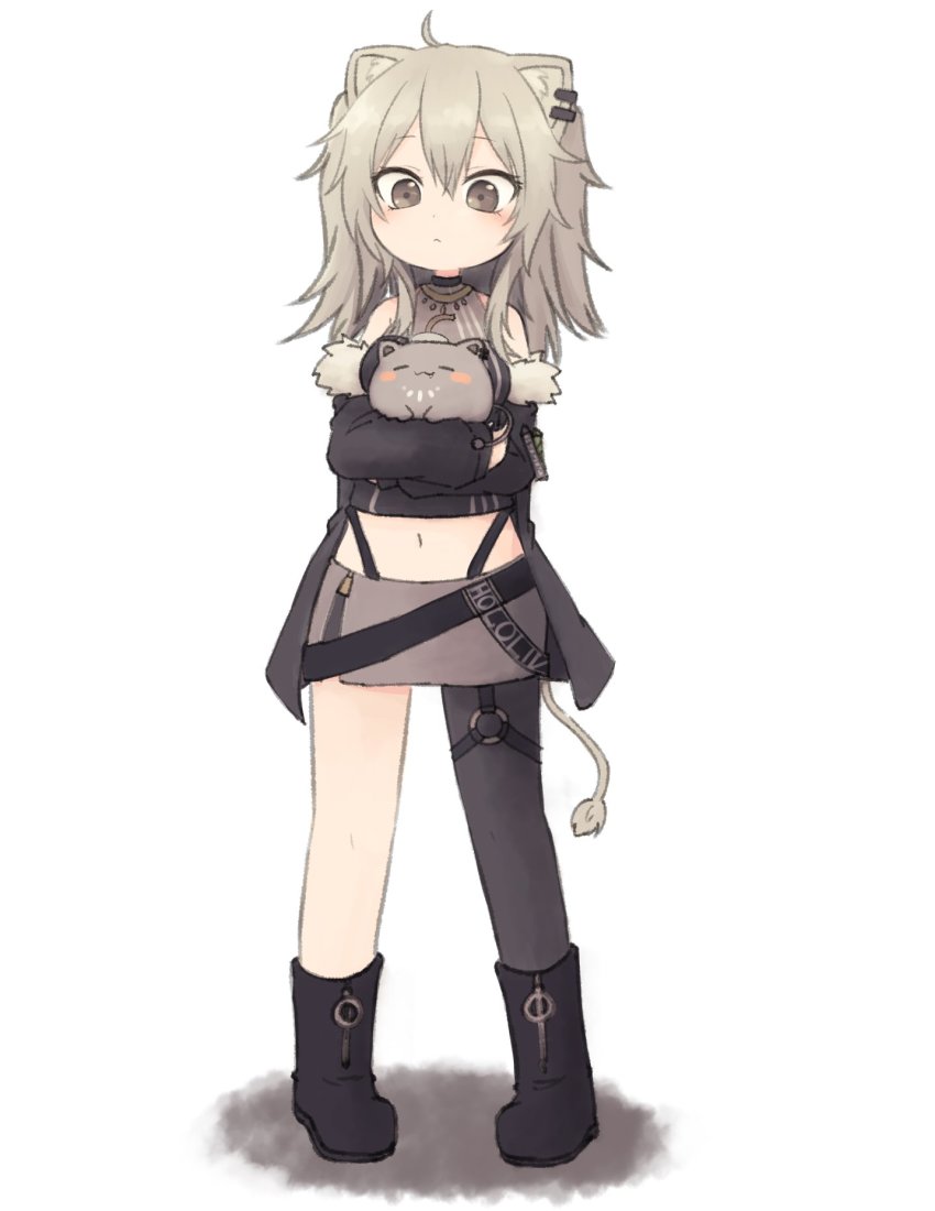 1girl, :o, animal_ears, belt, black_belt, black_jacket, blush, fur_trim