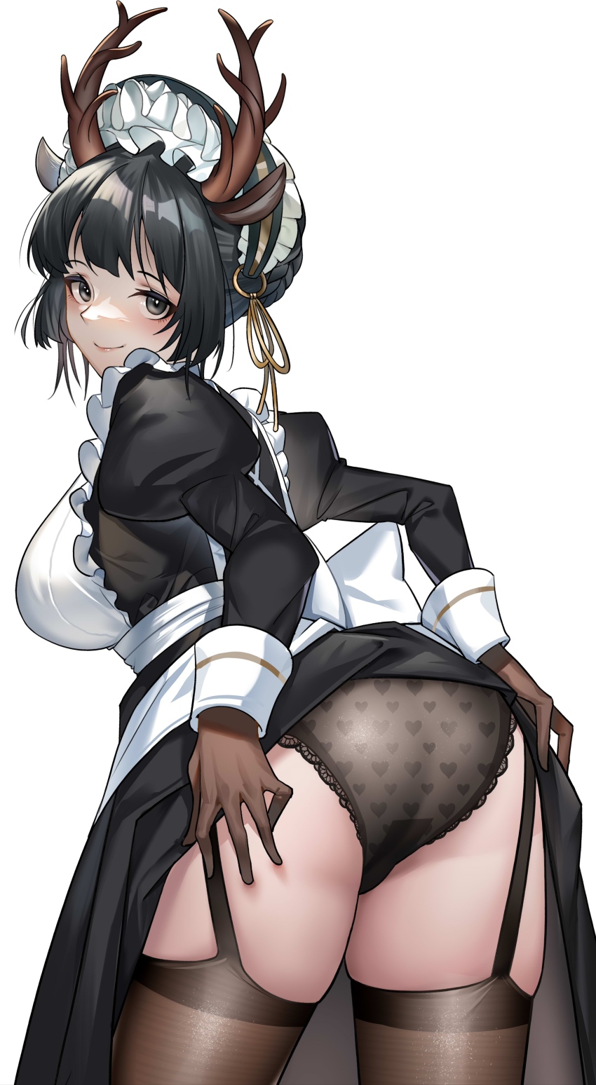1girl, absurdres, animal_ears, antlers, apron, arknights, ass, black_eyes, black_hair, black_panties, black_thighhighs, blush, bonnet, bow, braid, breasts, brown_gloves, closed_mouth, clothes_lift, commentary, cowboy_shot, deer_ears, dress, dress_lift, from_behind, gaosu_gong_lu, garter_straps, gloves, heart, heart_print, highres, horns, juliet_sleeves, lace, lace-trimmed_panties, lace_trim, large_breasts, lifting_own_clothes, lips, long_sleeves, looking_at_viewer, looking_back, maid, maid_apron, maid_headdress, official_alternate_costume, panties, print_panties, puffy_sleeves, short_hair, simple_background, smile, solo, thighhighs, thighs, tsukinogi_(arknights), tsukinogi_(londinium_style_miko)_(arknights), underwear, white_background, white_bow