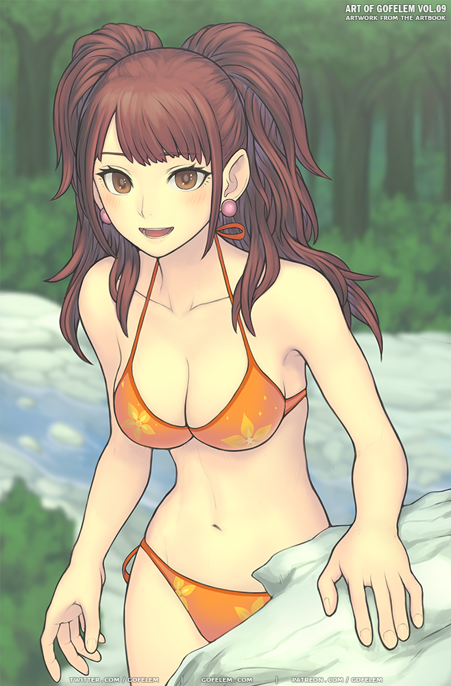 1girl, bikini, blush, breasts, brown_eyes, brown_hair, cleavage, cowboy_shot, earrings, forest, gofelem, halterneck, jewelry, kujikawa_rise, looking_at_viewer, medium_breasts, nature, navel, open_mouth, orange_bikini, outdoors, persona, persona_4, side-tie_bikini_bottom, solo, string_bikini, swimsuit, twintails