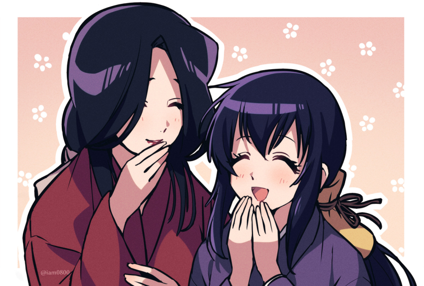 2girls, :d, ^_^, akeginu, asada_hachi, basilisk_(manga), black_hair, border