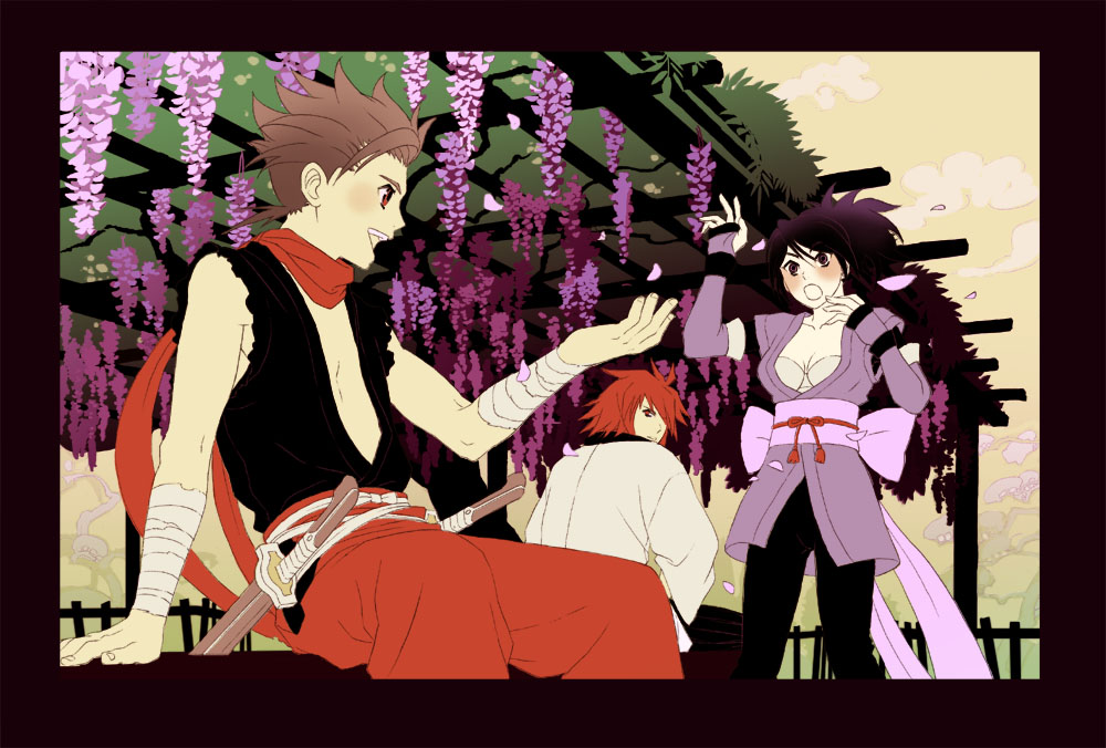 00s, 1girl, 2boys, bad_id, bad_pixiv_id, blush, brown_hair, cherry_blossoms