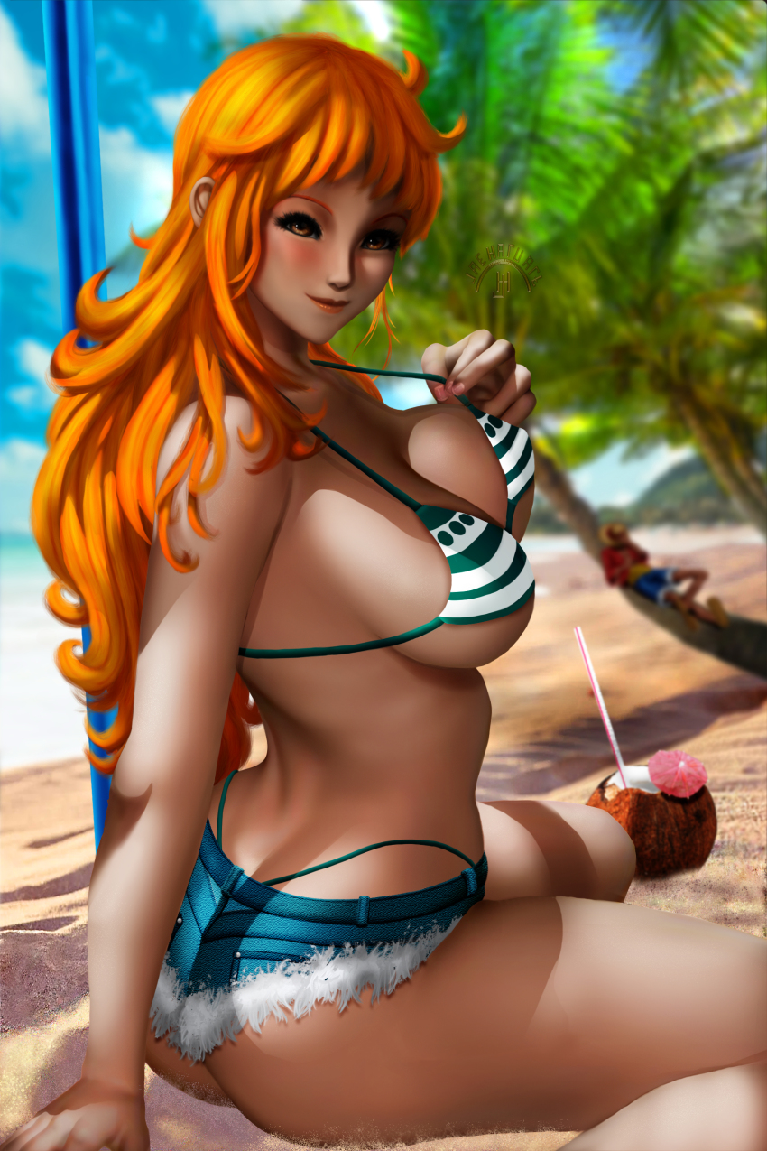 1boy, 1girl, absurdres, adapted_costume, artist_name, ass, beach, blue_sky, blurry, blurry_background, breasts, brown_eyes, clima-tact, coconut, denim, denim_shorts, drinking_straw, highres, jaeharuart, large_breasts, looking_at_viewer, monkey_d._luffy, nami_(one_piece), nami_(one_piece)_(return_to_sabaody), one_piece, orange_hair, palm_tree, shorts, sky, solo, staff, tree, whale_tail_(clothing)