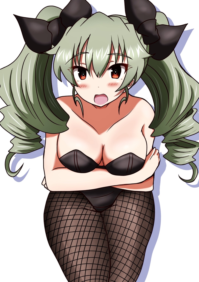 1girl, anchovy_(girls_und_panzer), bare_shoulders, blush, breast_hold, breasts, cleavage, commentary