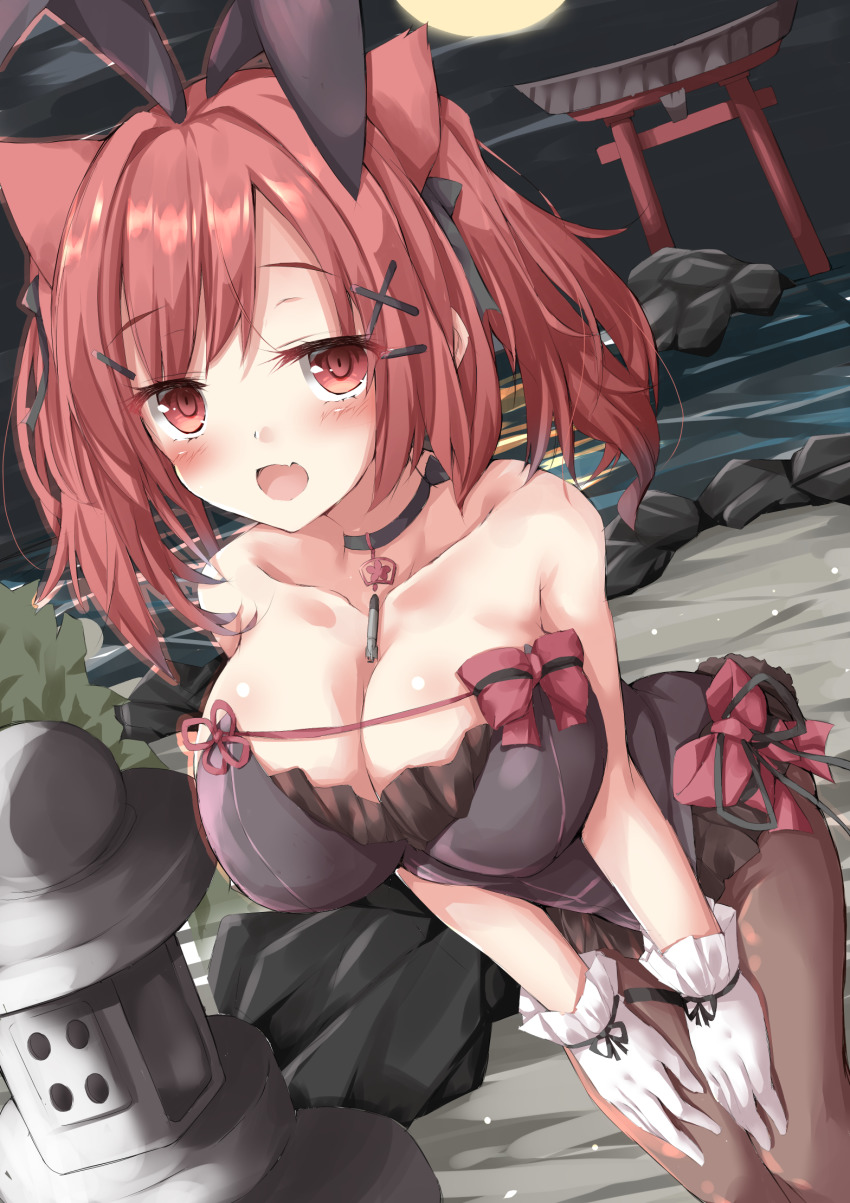 1girl, animal_ears, azur_lane, bare_shoulders, blush, bow, breasts, brown_pantyhose, cat_ears, choker, cleavage, collarbone, fake_animal_ears, fang, gloves, hair_ornament, hairclip, hands_on_own_knees, highres, i-19_(azur_lane), i-19_(blossoming_bunny)_(azur_lane), large_breasts, medium_hair, moon, night, open_mouth, oppai_loli, pantyhose, playboy_bunny, rabbit_ears, red_eyes, red_hair, shiraishi_mamim, skin_fang, smile, solo, stone_lantern, torii, torpedo, twintails, white_gloves, x_hair_ornament