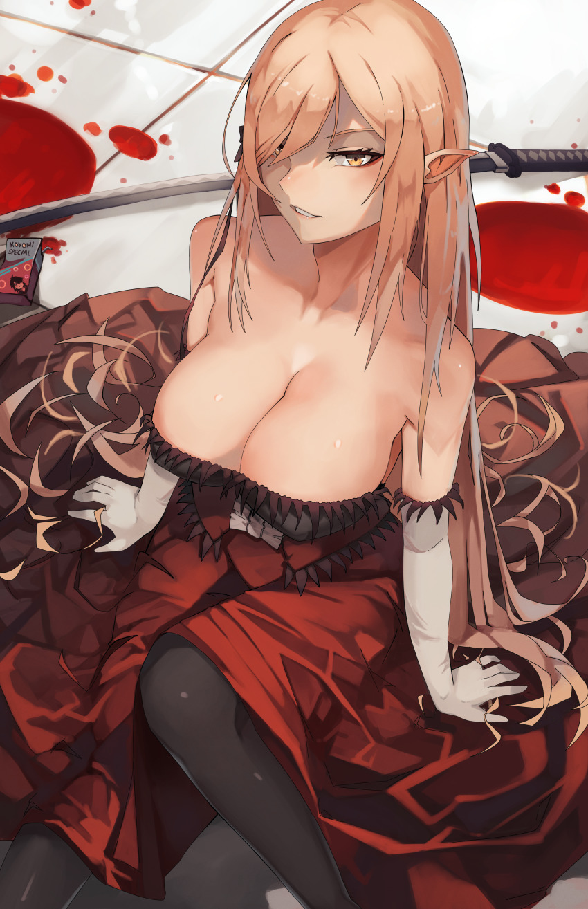 1girl, absurdres, arm_support, bare_shoulders, black_pantyhose, blonde_hair, blood, breasts, cleavage, dress, drink_carton, elbow_gloves, eyebrows_hidden_by_hair, eyeliner, feet_out_of_frame, female_focus, gloves, hair_over_one_eye, highres, huge_filesize, juice_box, katana, kiss-shot_acerola-orion_heart-under-blade, large_breasts, long_hair, looking_at_viewer, makeup, matching_hair/eyes, monogatari_(series), oshino_shinobu, pantyhose, parted_lips, pointy_ears, red_dress, shizu_(shizuillust), sitting, smile, solo, strapless, strapless_dress, sword, vampire, very_long_hair, weapon, white_gloves, yellow_eyes