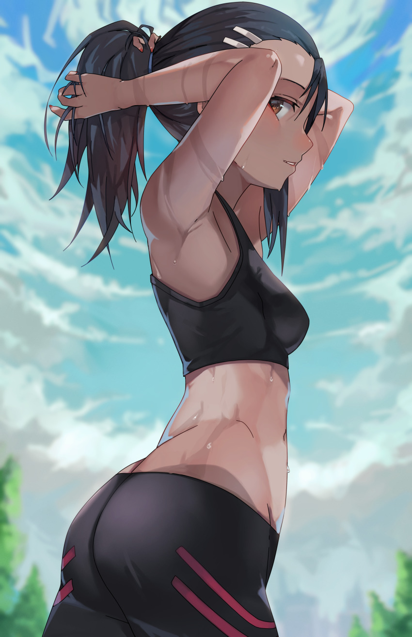 1girl, absurdres, alternate_costume, armpits, ass, bike_shorts, black_hair, blue_sky, blush, breasts, brown_eyes, clothes_lift, cloud, from_side, highres, huge_filesize, ijiranaide_nagatoro-san, looking_at_viewer, nagatoro_hayase, ponytail, shirt_lift, shizu_(shizuillust), sky, small_breasts, sports_bra, sweat, tree, tying_hair, wet