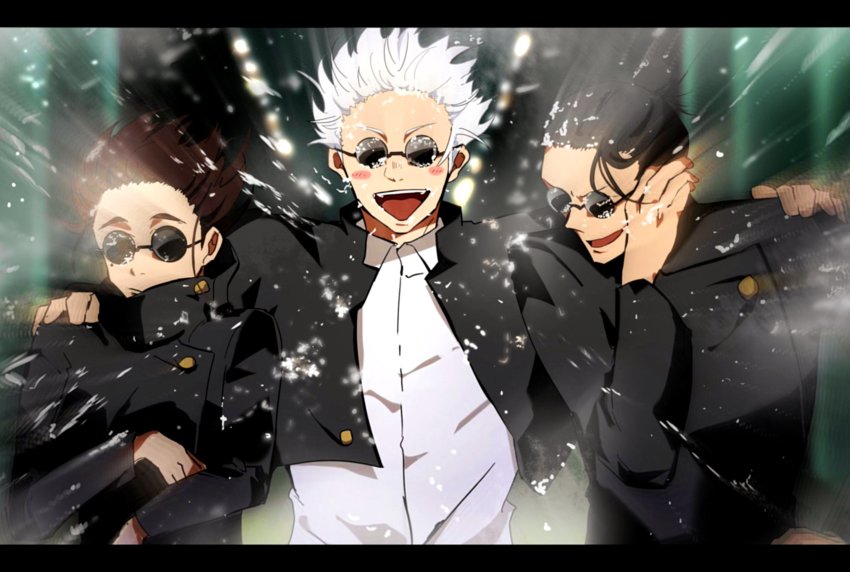 :d, arm_around_shoulder, black_border, black_hair, black_jacket, blush, border, closed_mouth, collared_shirt, derinjaaaaaa, expressionless, facing_viewer, gakuran, geto_suguru, gojo_satoru, hair_bun, hair_pulled_back, hand_on_another's_shoulder, hand_up, high_collar, highres, ieiri_shoko, jacket, jujutsu_kaisen, letterboxed, long_sleeves, open_mouth, round_eyewear, school_uniform, shirt, short_hair, single_hair_bun, smile, sunglasses, upper_body, white_hair, white_shirt