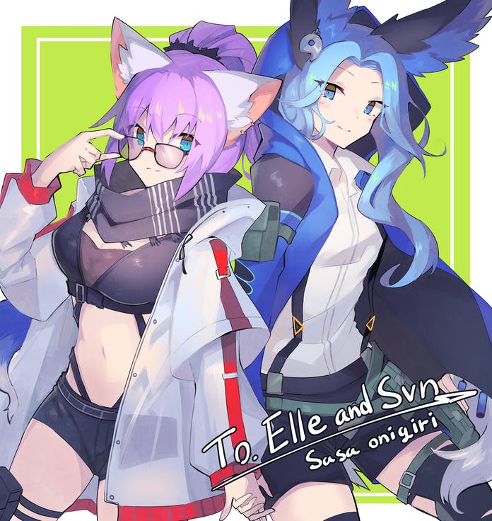 2girls, adjusting_eyewear, animal_ears, arknights, artist_name, bird_ears, black_scarf, black_shorts