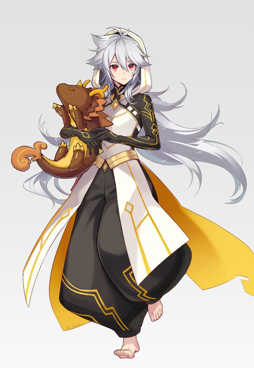 1boy, 99plum, antenna_hair, barefoot, cosplay, genshin_impact, grey_background, grey_hair