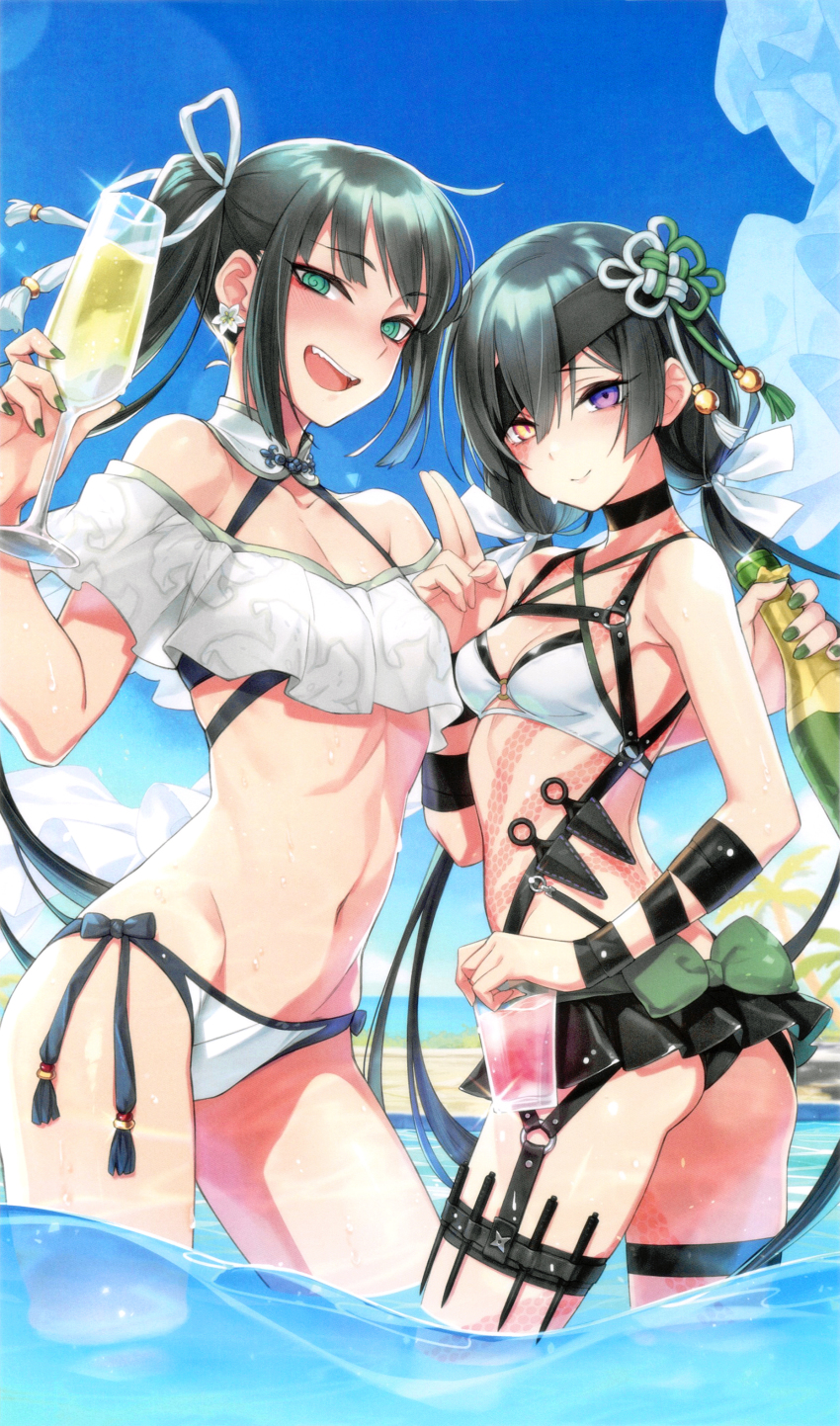 2girls, :d, @_@, absurdres, alcohol, alternate_hairstyle, aqua_eyes, ass, back_bow, bikini, black_bikini, black_bow, black_hair, black_neckwear, blush, bottle, bow, breasts, choker, closed_mouth, cowboy_shot, craft_essence_(fate), cropped, cup, day, drinking_glass, drunk, fate/grand_order, fate_(series), fingernails, green_bow, green_nails, groin, hair_bow, heterochromia, highres, holding, holding_cup, holster, jing_ke_(fate), jing_ke_(water_shine)_(fate), kunai, lens_flare, long_hair, looking_at_viewer, low_twintails, mochizuki_chiyome_(fate), mochizuki_chiyome_(water_shine)_(fate), multiple_girls, nail_polish, navel, non-web_source, off_shoulder, official_art, open_mouth, outdoors, ponytail, purple_eyes, saitou_hiroki, scan, side-tie_bikini_bottom, sky, small_breasts, smile, snake_tattoo, standing, swimsuit, tattoo, thigh_holster, twintails, wading, water, water_shine, weapon, white_bikini, white_bow, wine_bottle, yellow_eyes