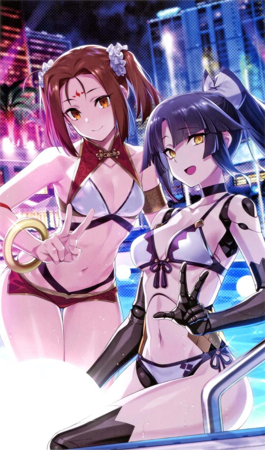 2girls, :d, absurdres, bare_shoulders, black_choker, black_hair, blush, bracelet, breasts, brown_eyes, brown_hair, choker, craft_essence_(fate), cropped, doll_joints, fate/grand_order, fate_(series), highres, jewelry, joints, katou_danzou_(fate), katou_danzou_(midsummer_memories)_(fate), long_hair, looking_at_viewer, medium_breasts, midsummer_memories, multiple_girls, nezha_(fate), nezha_(midsummer_memories)_(fate), non-web_source, official_art, open_mouth, ponytail, pool_ladder, saitou_hiroki, scan, smile, v, wet, yellow_eyes