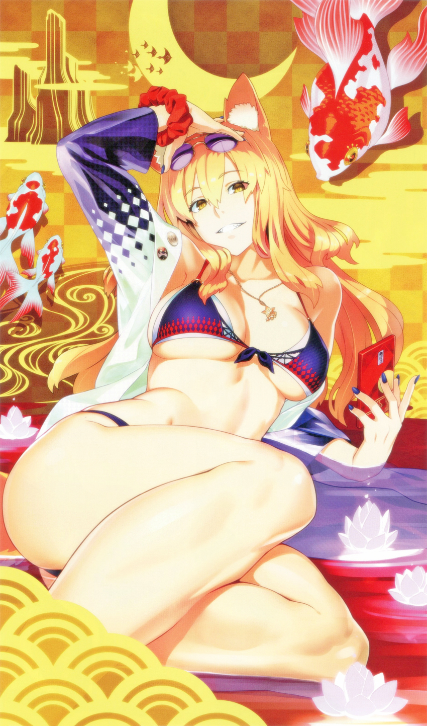 1girl, absurdres, animal_ears, bare_legs, bikini, blonde_hair, breasts, breasts_apart, cellphone, checkered_background, craft_essence_(fate), crescent, cropped, eyewear_on_head, fate/grand_order, fate_(series), fish, flower, fox_ears, grin, suzuka_gozen_(heavenly_demon_princess)_(fate), highres, iphone, jacket, jewelry, legs, long_hair, looking_at_viewer, lotus, medium_breasts, nail_polish, necklace, non-web_source, official_art, phone, purple_bikini, red_scrunchie, scan, scrunchie, seigaiha, shaka_p, smartphone, smile, solo, suzuka_gozen_(fate), swimsuit, thighs, water, wrist_scrunchie, yellow_background, yellow_eyes