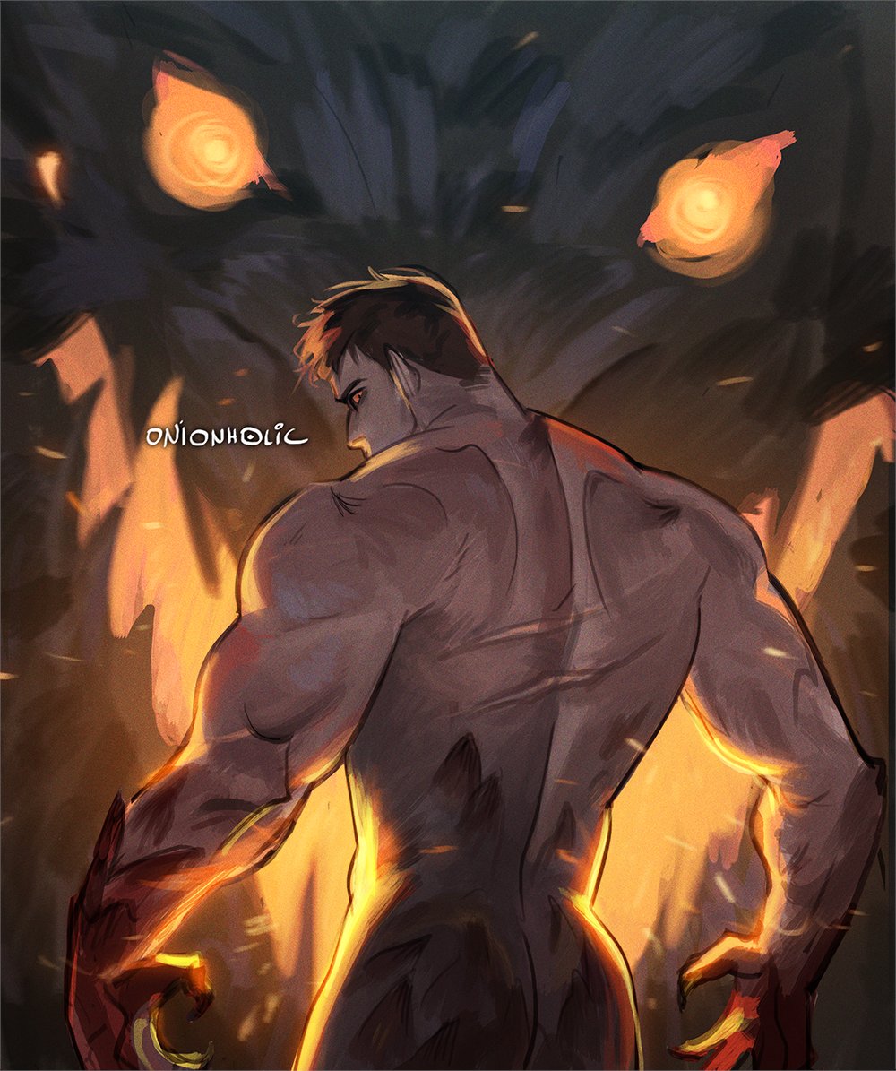 1boy, ass, back, bara, black_sclera, brown_hair, claws, colored_sclera