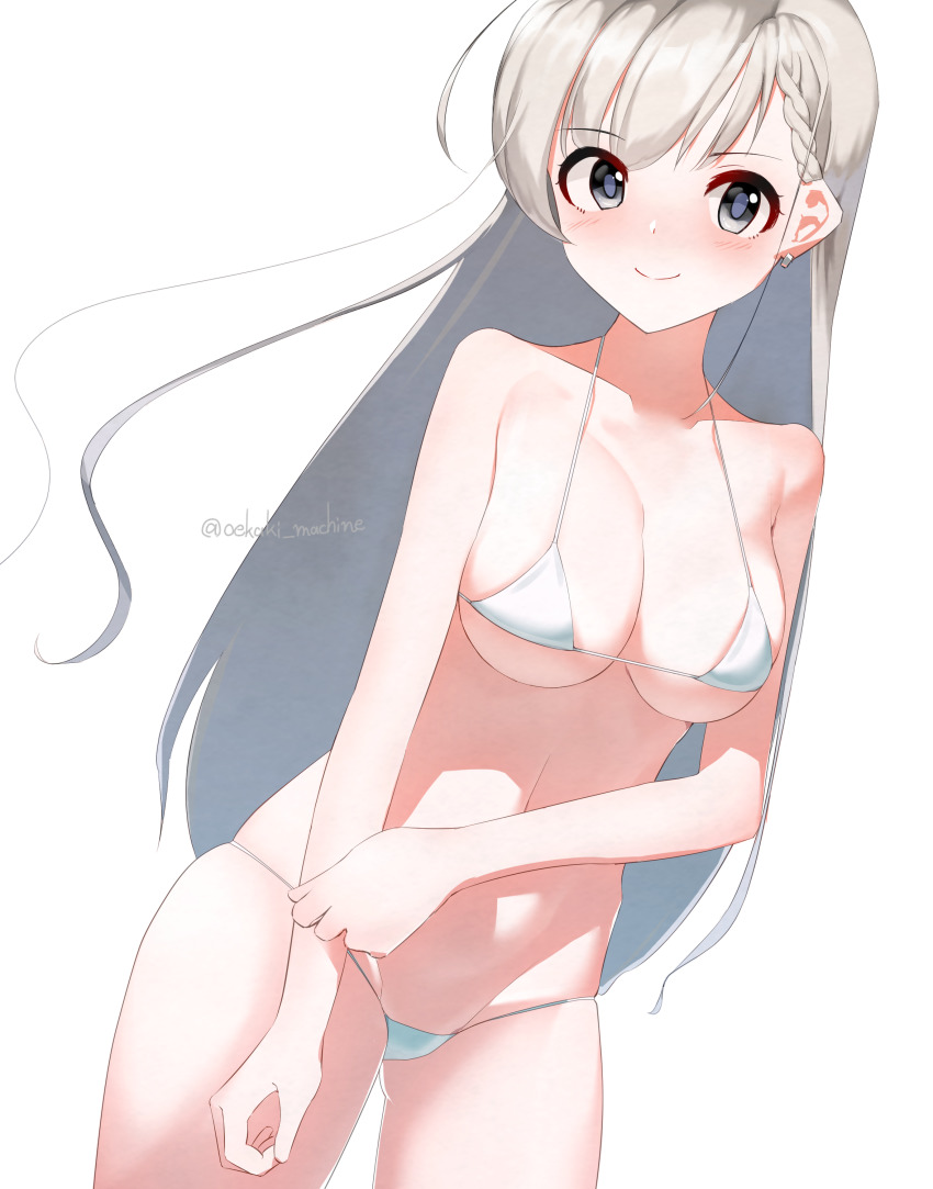 1girl, absurdres, asymmetrical_bangs, bare_shoulders, bikini, blush, braid, braided_bangs