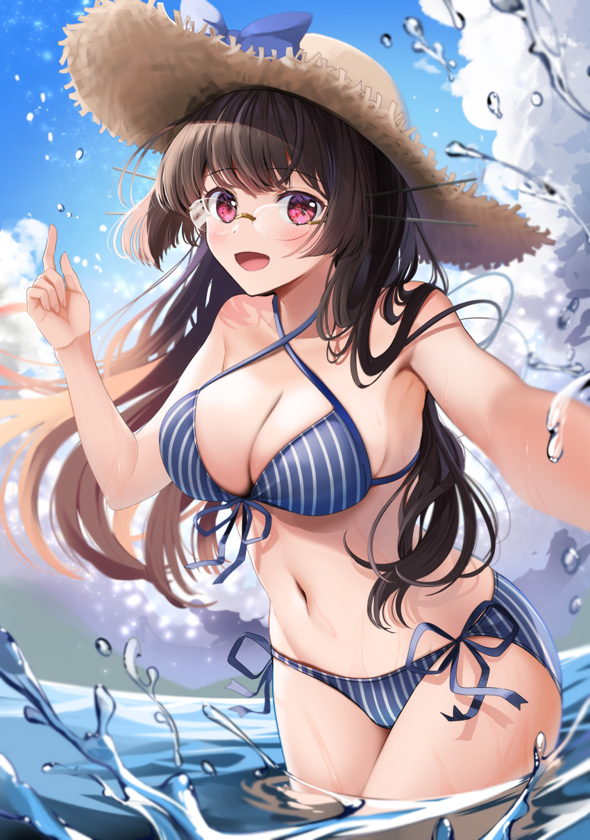 1girl, absurdres, bikini, black_hair, blue_sky, breasts, choukai_(kancolle), choukai_(swimsuit)_(kancolle)
