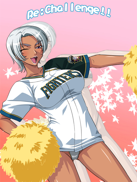 1girl, baseball_uniform, cheerleader, clothes_writing, dark-skinned_female, dark_skin, emina&amp;aki, female_focus