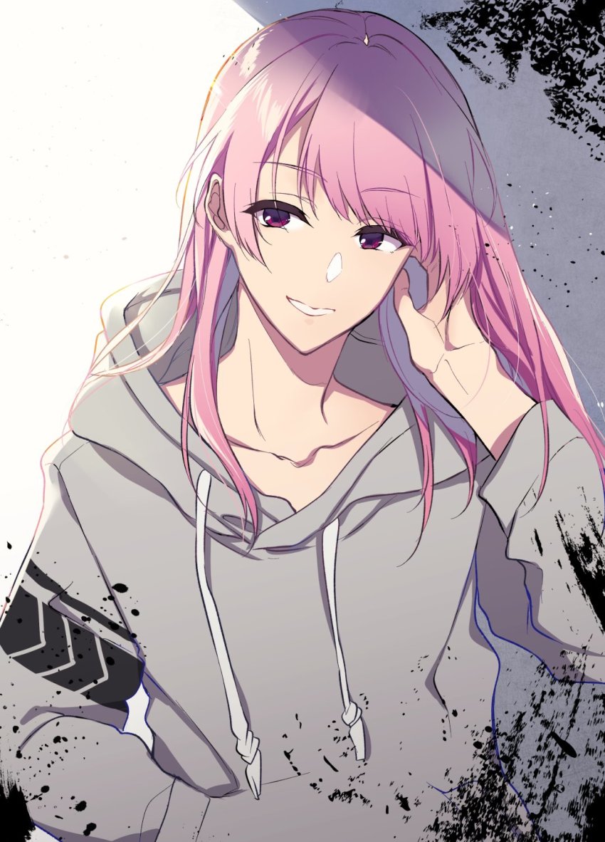 15pafe, 1boy, grey_hoodie, hand_in_own_hair, hand_up, highres, hood, hood_down, hoodie, ichigoha_fue, long_hair, looking_at_viewer, male_focus, pink_hair, pochi_(pochi-goya), purple_eyes, smile, solo, upper_body, virtual_youtuber