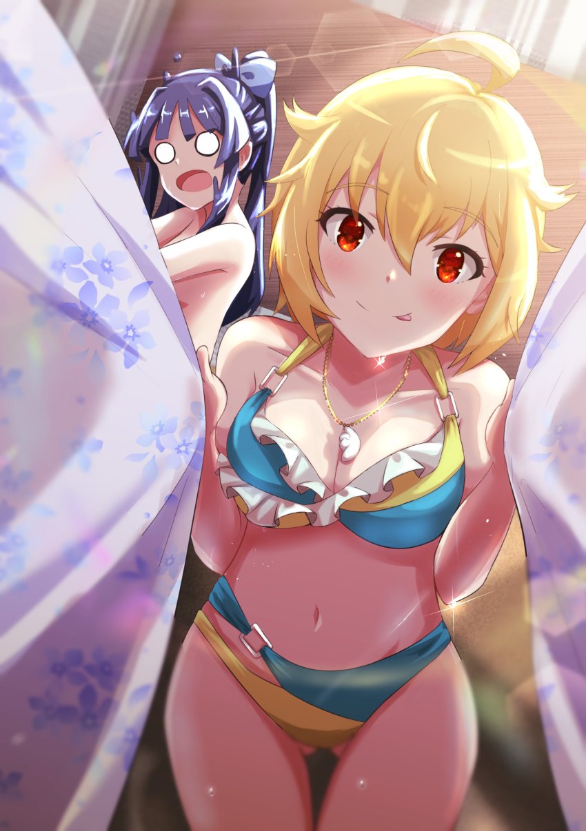 :p, absurdres, ahoge, bikini, blonde_hair, blue_hair, breasts, cleavage, curtain_grab, curtains, dressing_room, highres, ibuki_tsubasa, idolmaster, idolmaster_million_live!, idolmaster_million_live!_theater_days, jewelry, midriff, mogami_shizuka, navel, necklace, o-ring, o-ring_bikini, o_o, ponytail, red_eyes, sanami_(sanami_t_38), swimsuit, tongue, tongue_out, undressing