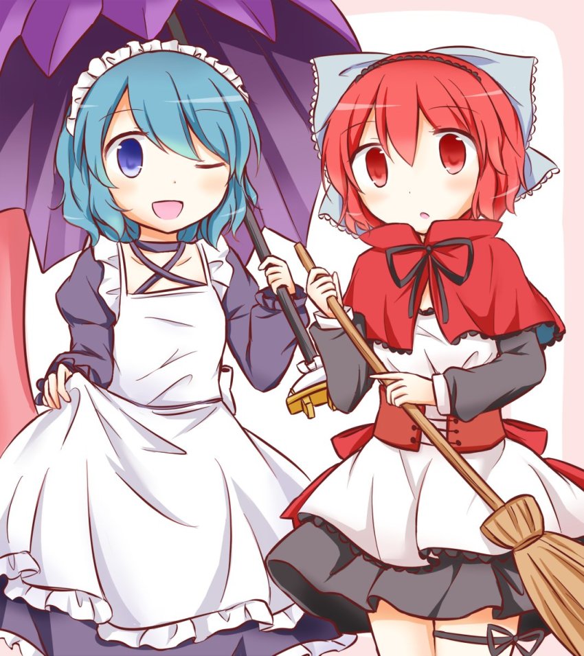 apron, blush, broom, clothes_pull, highres, maid, maid_apron, maid_headdress