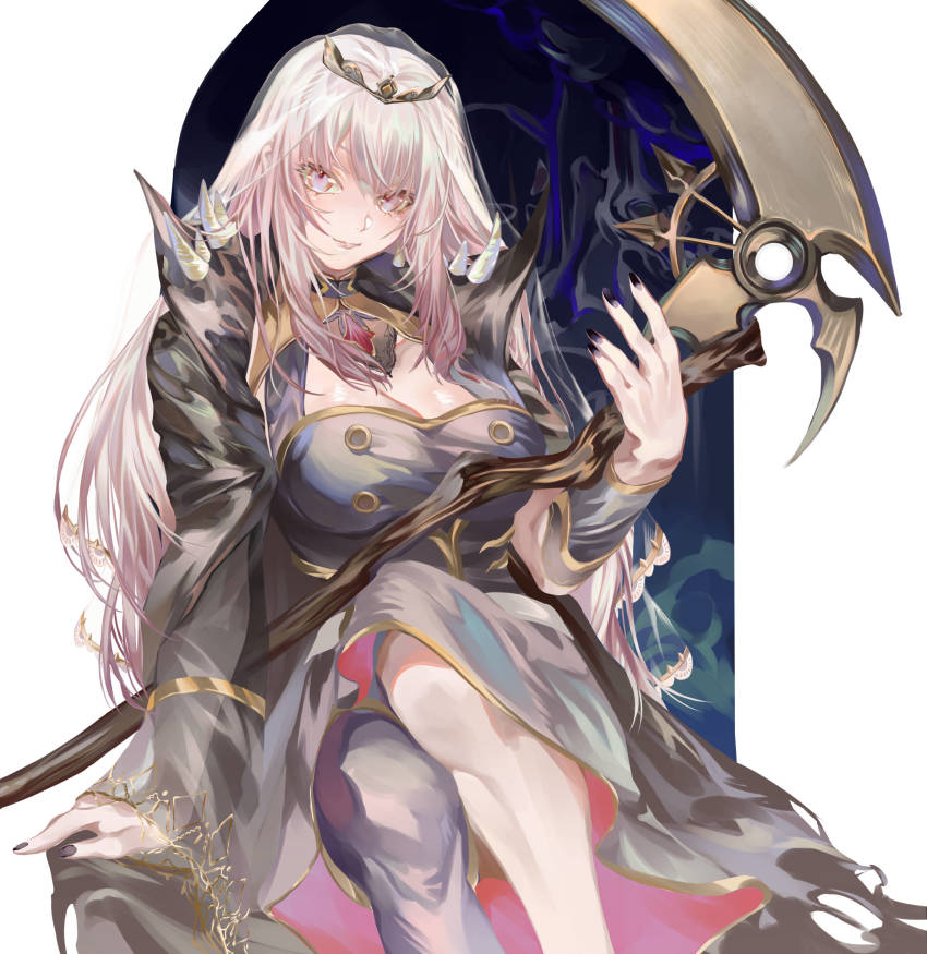 1girl, absurdres, black_dress, black_nails, breasts, cape, dress, highres, holding, holding_scythe, hololive, hololive_english, large_breasts, long_hair, looking_at_viewer, mori_calliope, nail_polish, niza, pink_eyes, pink_hair, scythe, single_leg_pantyhose, sitting, smile, solo, spikes, tiara, veil, very_long_hair, virtual_youtuber