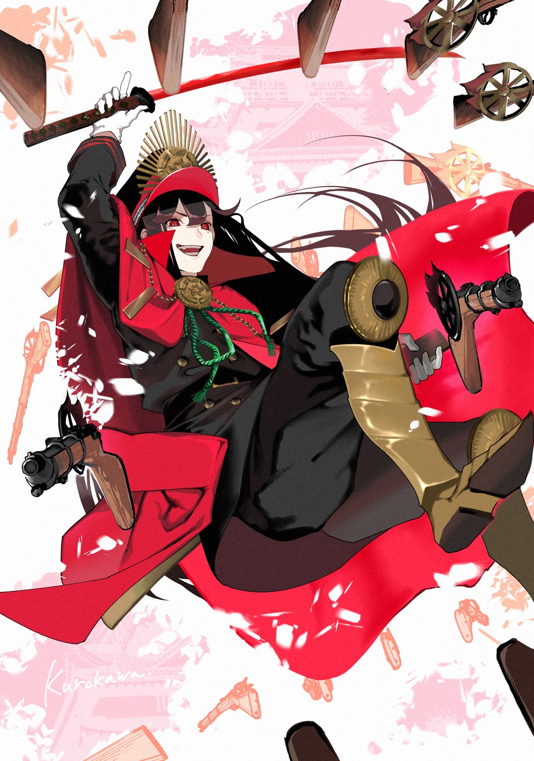 1girl, armored_boots, belt, black_hair, boots, cape, fate/grand_order, fate_(series), gloves, gun, hat, highres, katana, kurokw, long_hair, multiple_weapons, oda_nobunaga_(fate), oda_nobunaga_(koha-ace), pants, red_eyes, rifle, sheath, signature, sword, weapon, white_gloves