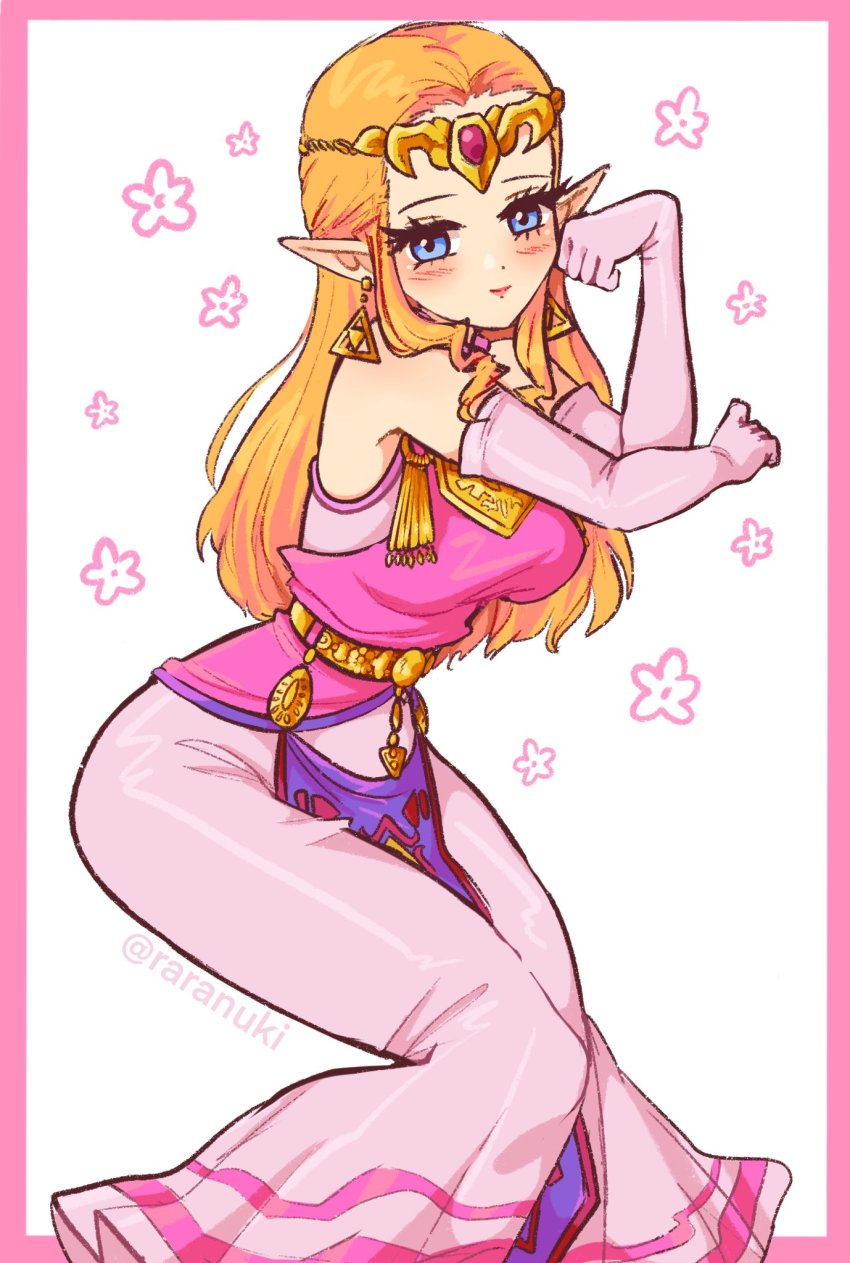 1girl, belt, blonde_hair, blue_eyes, blush, border, breasts, circlet