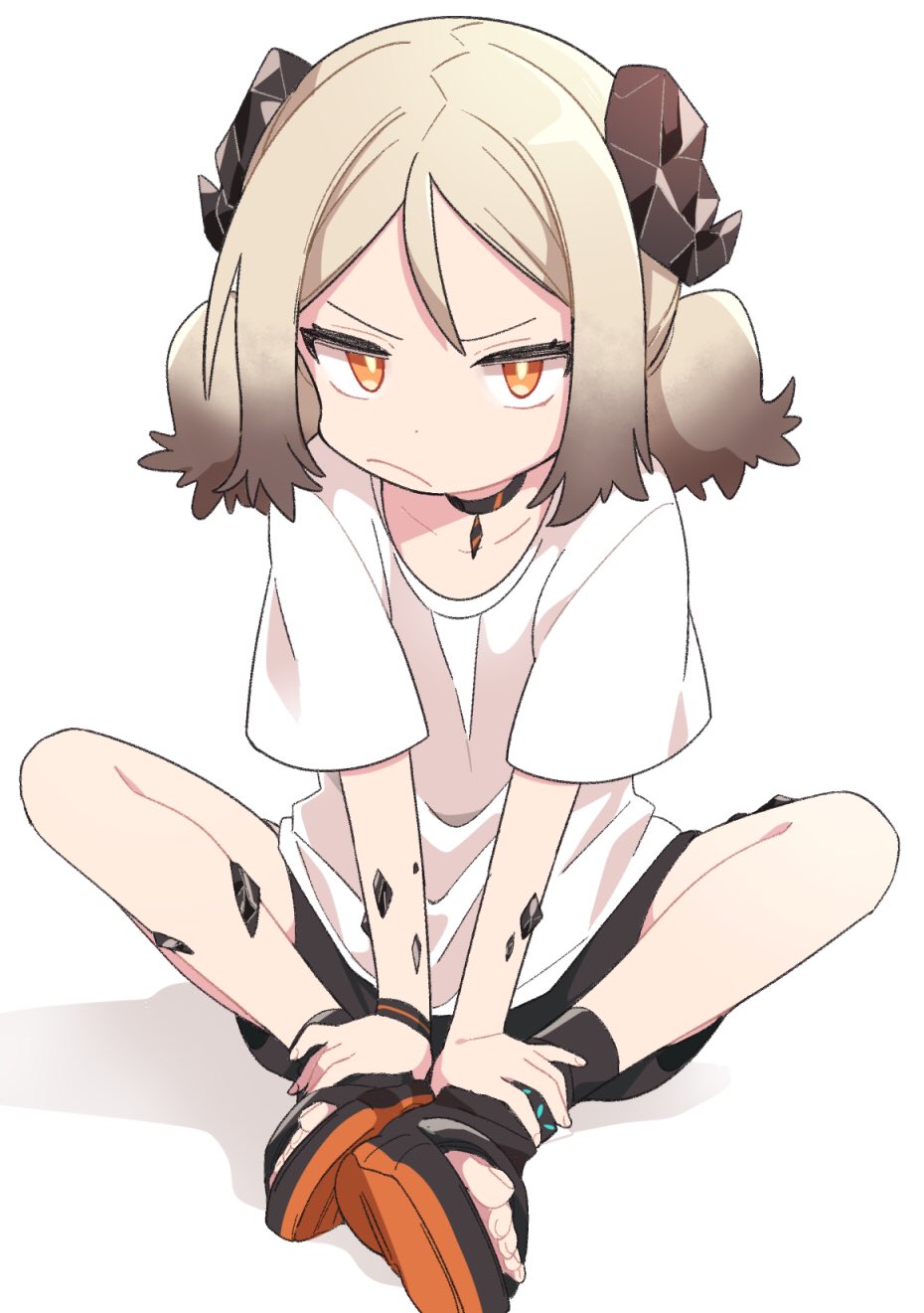 1girl, arknights, black_choker, black_sandals, black_shorts, blonde_hair, choker, collarbone, demon_horns, frown, full_body, highres, horns, ifrit_(arknights), looking_at_viewer, material_growth, orange_eyes, oripathy_lesion_(arknights), pendant_choker, sandals, shirt, short_hair, short_twintails, shorts, simple_background, sitting, solo, twintails, white_background, white_shirt, yukijiro