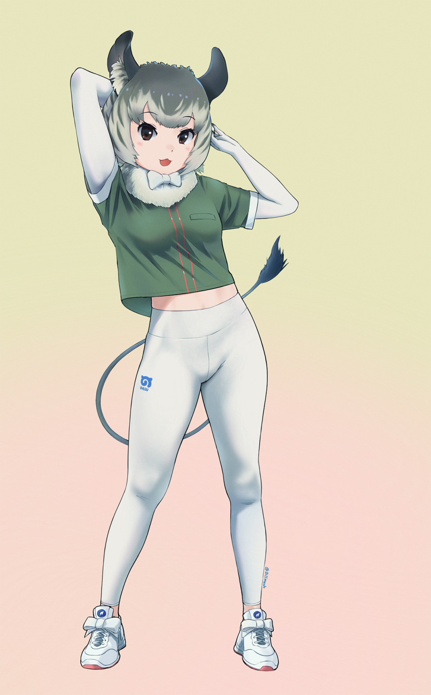 1girl, :3, alternate_costume, animal_ears, bad_id, bad_pixiv_id, beleven, bow, bowtie, commentary_request, degu_(kemono_friends), elbow_gloves, full_body, fur_collar, gloves, green_hair, green_shirt, grey_hair, highres, kemono_friends, kemono_friends_3, leggings, looking_at_viewer, midriff_peek, open_mouth, shirt, shoes, short_hair, short_sleeves, sneakers, t-shirt, tail, white_fur, white_gloves, white_leggings, white_neckwear, white_shoes
