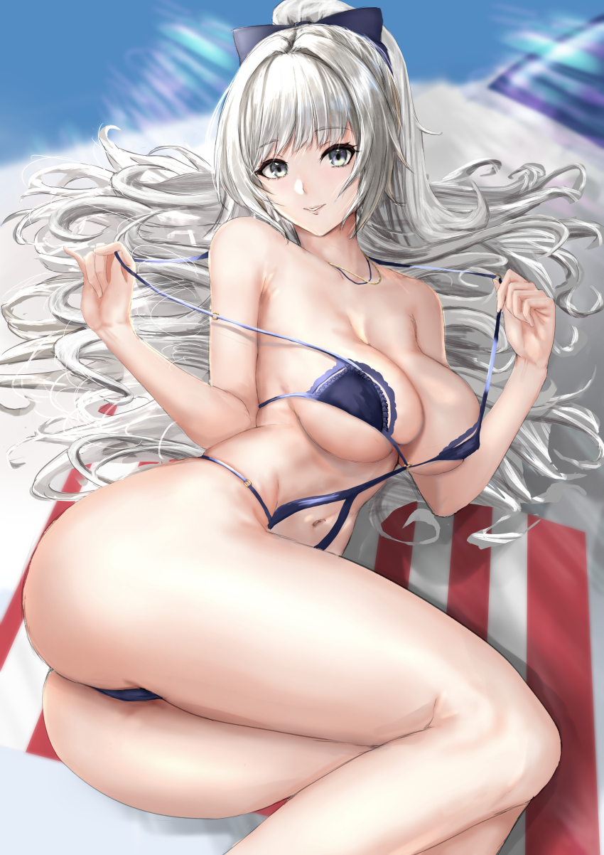 1girl, absurdres, ass, azur_lane, bikini, bow, breasts, grey_eyes