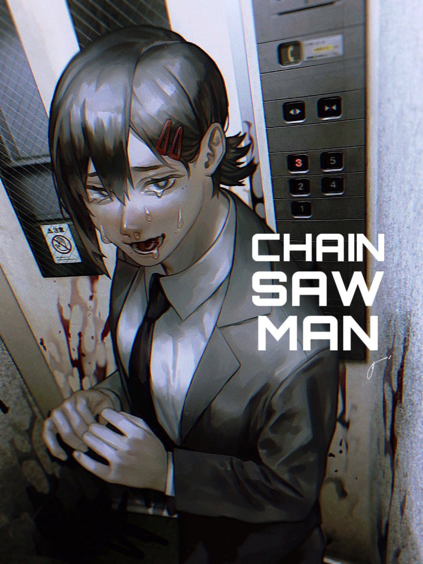 1girl, asymmetrical_hair, black_hair, black_neckwear, black_pants, blood, blood_splatter, business_suit, chainsaw_man, collared_shirt, crying, crying_with_eyes_open, elevator, elevator_door, formal_clothes, furrowed_brow, hair_behind_ear, hair_between_eyes, hair_ornament, hairclip, higashiyama_kobeni, highres, indoors, k041800, mole, mole_on_cheek, mole_under_eye, mole_under_mouth, neckwear_request, open_mouth, own_hands_together, pants, ponytail, sad, shirt, short_hair, sidelocks, sign, sobbing, solo, suit, tears, teeth, white_shirt