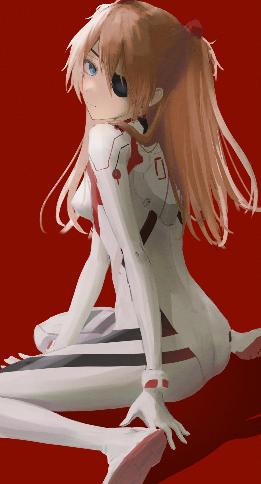 1girl, absurdres, arm_support, blue_eyes, bodysuit, breasts, closed_mouth, commentary_request