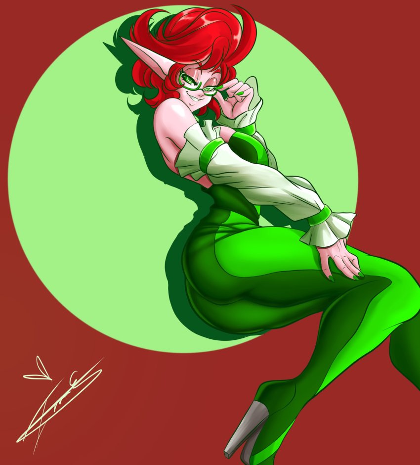 1girl, bare_shoulders, breasts, elf, glasses, green_hair, highres, imaniiarts