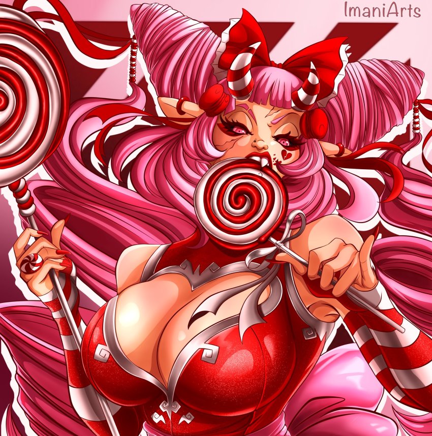 1girl, bare_shoulders, breasts, candy, fang, fang_out, food, highres