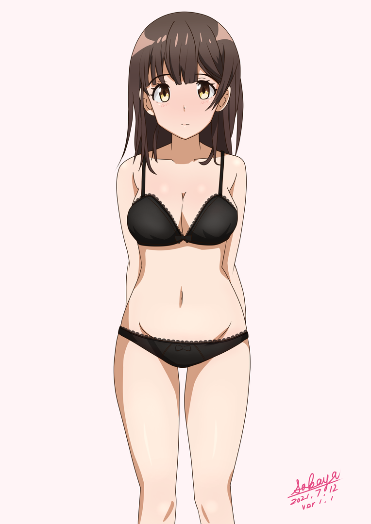 1girl, bare_arms, bare_shoulders, black_bra, black_panties, bow, bow_bra, bow_panties, bra, breasts, brown_background, brown_eyes, brown_hair, cleavage, closed_mouth, collarbone, commentary_request, dated, feet_out_of_frame, female_focus, groin, hige_wo_soru._soshite_joshikousei_wo_hirou., long_hair, looking_at_viewer, medium_breasts, navel, ogiwara_sayu, panties, sakayaya, signature, simple_background, solo, standing, underwear, underwear_only