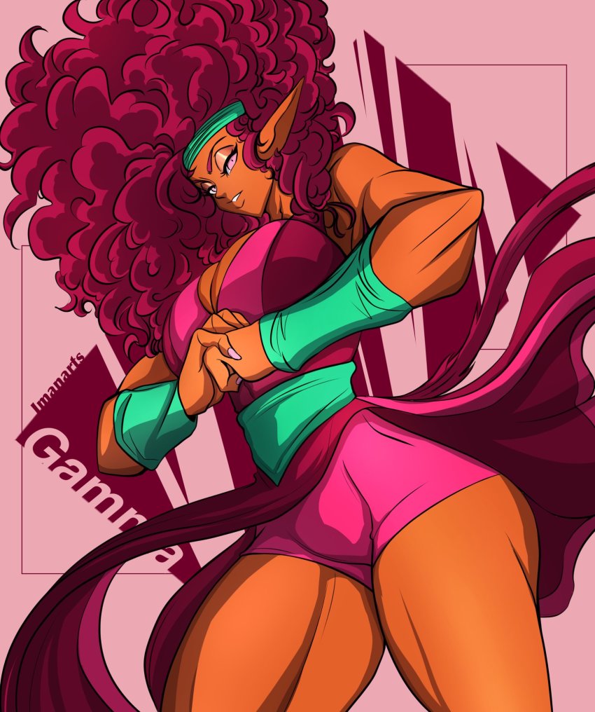 1girl, afro, breasts, dark-skinned_female, dark_skin, elf, highres, imaniiarts