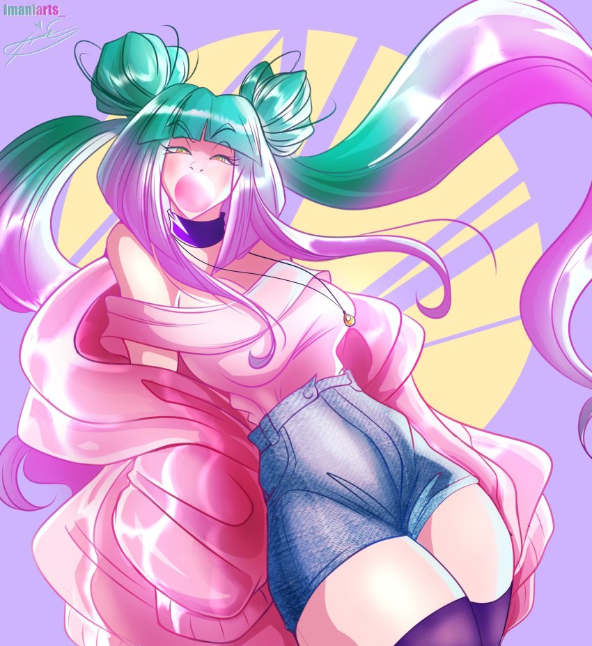 1girl, breasts, chewing_gum, choker, highres, imaniiarts, large_breasts, multicolored_hair