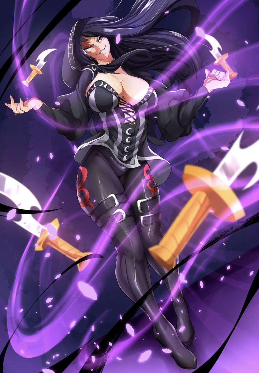 black_hair, breasts, highres, hood, imaniiarts, knife, large_breasts, multicolored_eyes