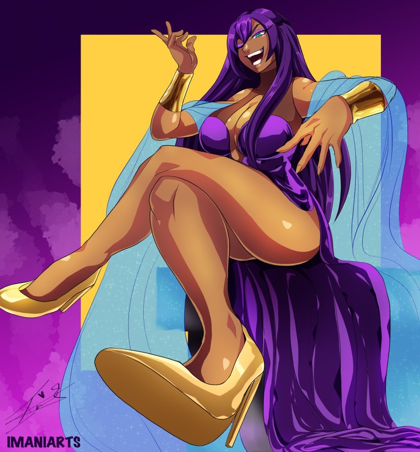 bare_shoulders, blue_eyes, breasts, dark-skinned_female, dark_skin, highres, imaniiarts, large_breasts