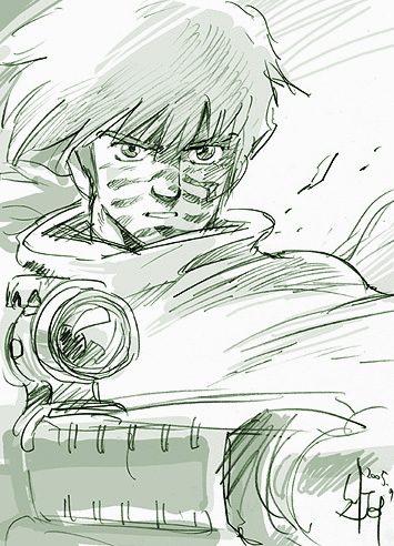 1boy, anti-materiel_rifle, cloak, facepaint, green_theme, gun, kikou_ryouhei_mellowlink, lowres