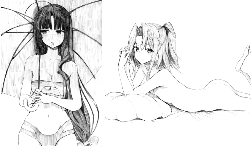 2girls, absurdres, ass, bed_sheet, bikini, blunt_bangs, blush, bow
