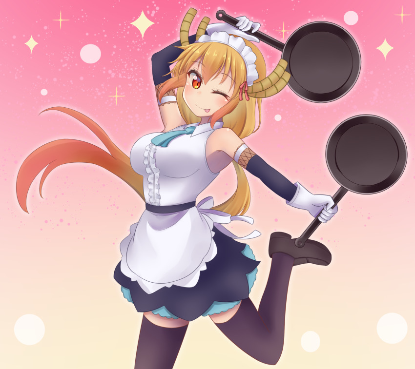 1girl, ;p, apron, aqua_necktie, arm_up, armpit_peek, bare_shoulders, black_thighhighs