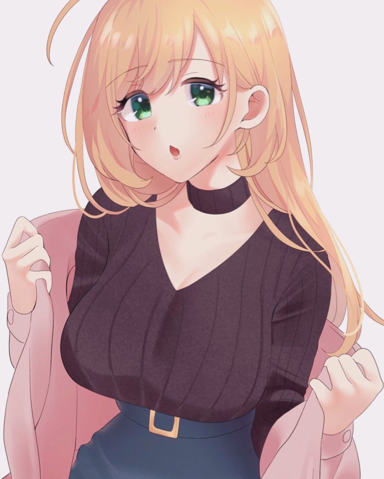 1girl, :o, ahoge, black_sweater, blonde_hair, blush, breasts, choker