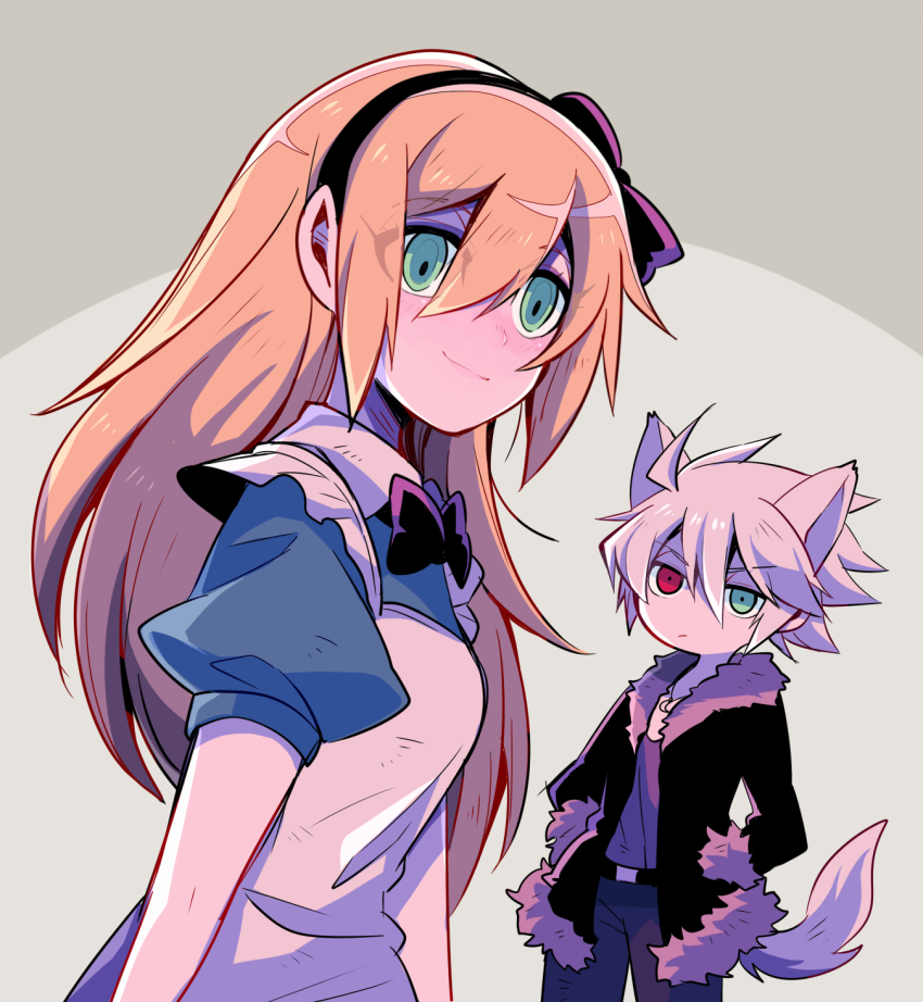 1boy, 1girl, ahoge, alice_(alice_in_wonderland), alice_(alice_in_wonderland)_(cosplay), alice's_adventures_in_wonderland, animal_ears, apron