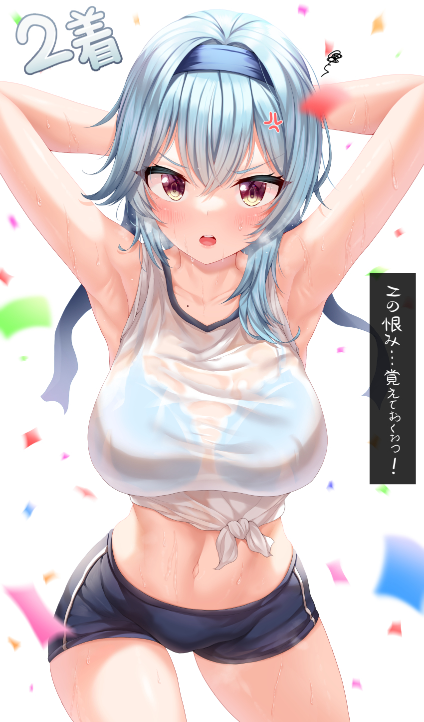 1girl, absurdres, armpits, arms_behind_head, arms_up, blue_bra, blue_hair, blue_hairband, blue_shorts, blush, bra, bra_visible_through_clothes, breasts, commentary, confetti, cowboy_shot, crop_top, eula_(genshin_impact), genshin_impact, hair_between_eyes, hairband, haqu, highres, large_breasts, long_hair, looking_at_viewer, midriff, mole, multicolored_eyes, navel, open_mouth, red_eyes, see-through_clothes, shirt, short_shorts, shorts, simple_background, sleeveless, sleeveless_shirt, solo, squiggle, standing, sweat, tied_shirt, translation_request, underwear, wet, wet_clothes, wet_shirt, white_background, white_shirt, yellow_eyes