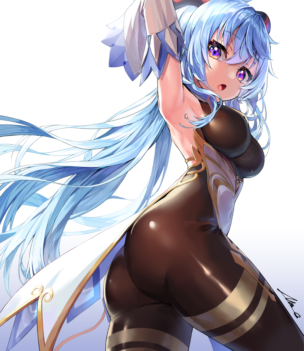 1girl, :o, armpits, arms_up, ass, black_bodysuit, black_legwear, blue_hair