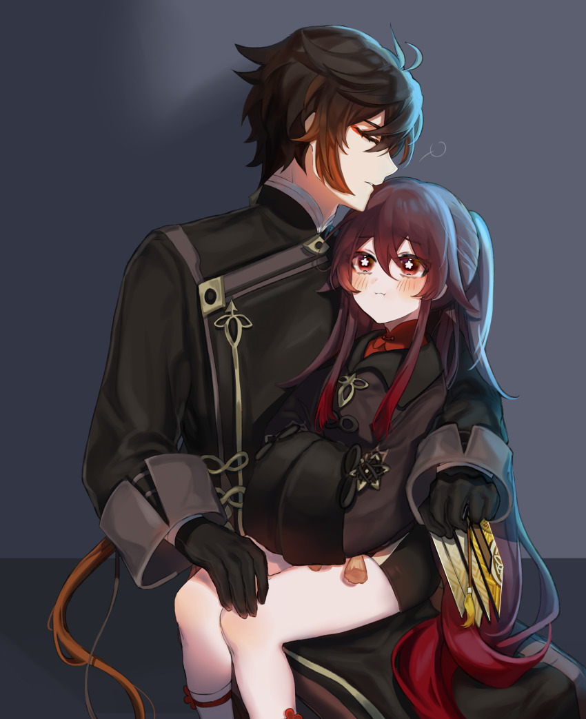 1boy, 1girl, absurdres, black_gloves, black_pants, black_shirt, black_shorts, blush