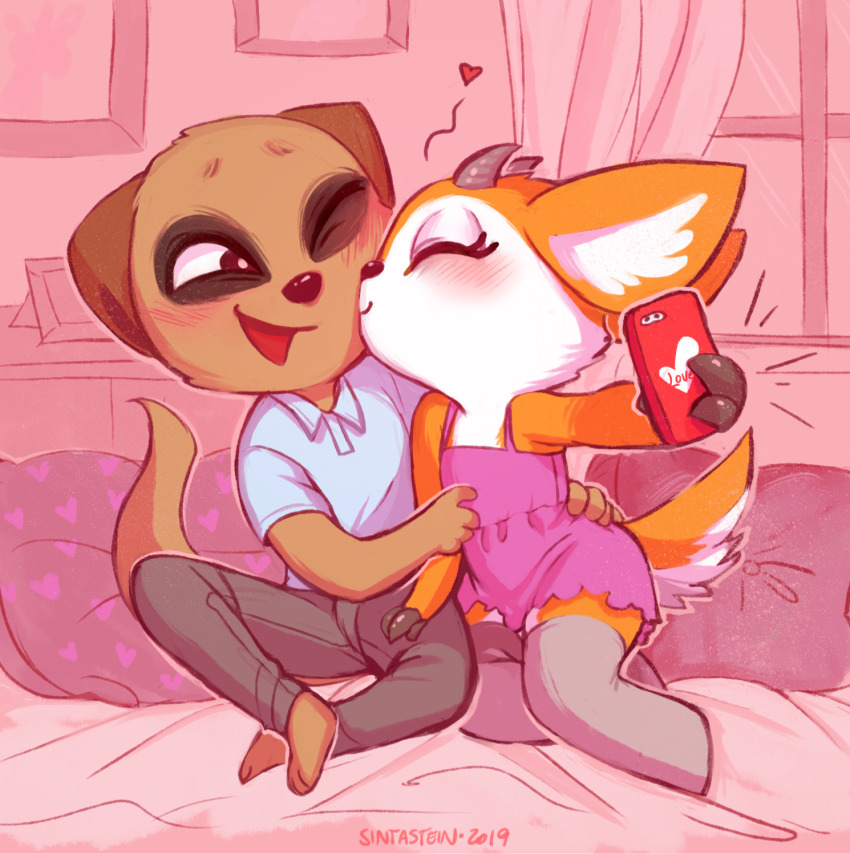 aggressive_retsuko, barefoot, blush, cellphone, clothes, dress, closed_eyes, furry