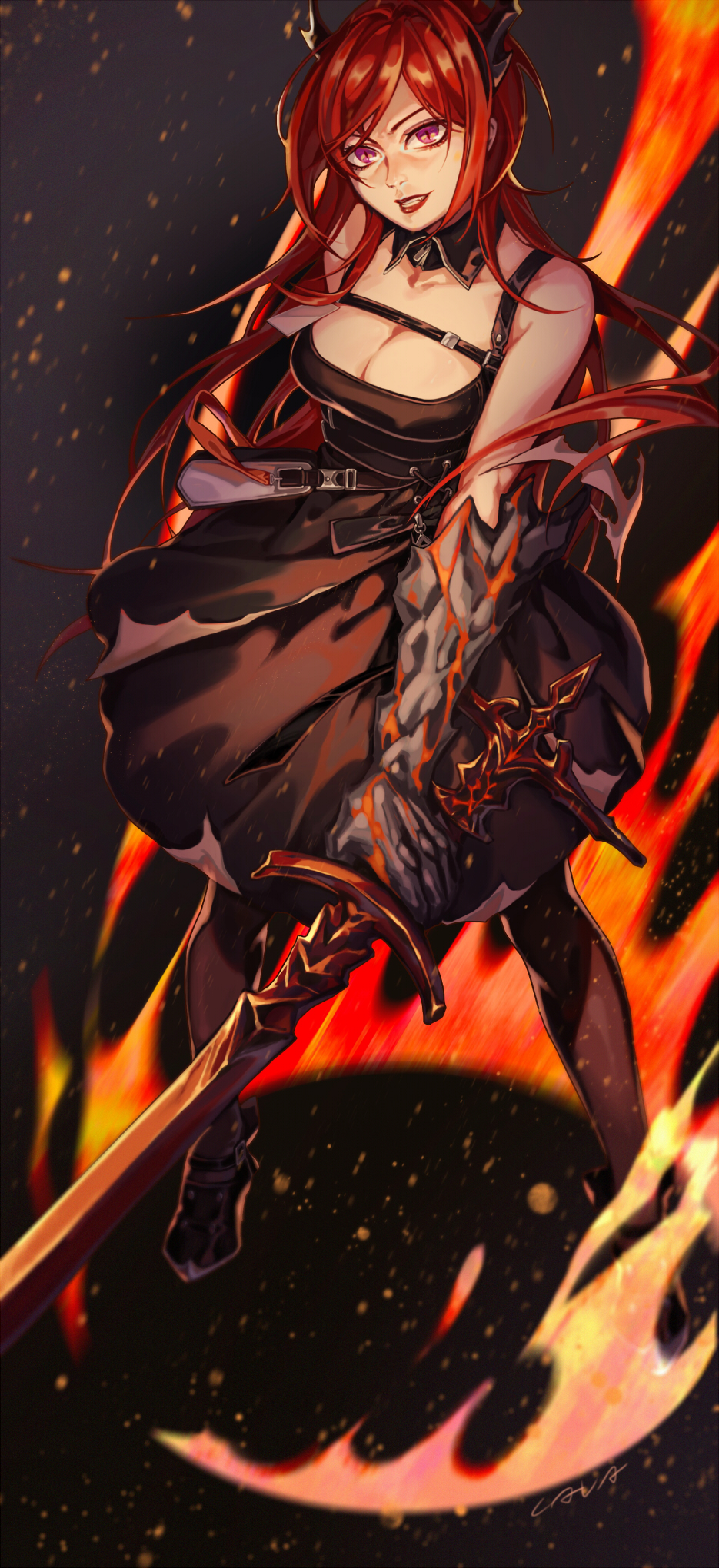 1girl, arknights, black_dress, breasts, cleavage, demon_girl, demon_horns, dress