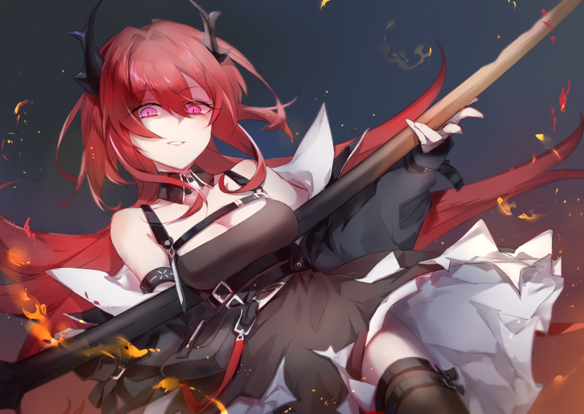 1girl, arknights, black_dress, breasts, cleavage, demon_girl, demon_horns, dress, highres, holding, holding_weapon, horns, jacket, looking_at_viewer, off_shoulder, purple_eyes, red_hair, solo, surtr_(arknights), sweatdrop, tsumi2112, weapon