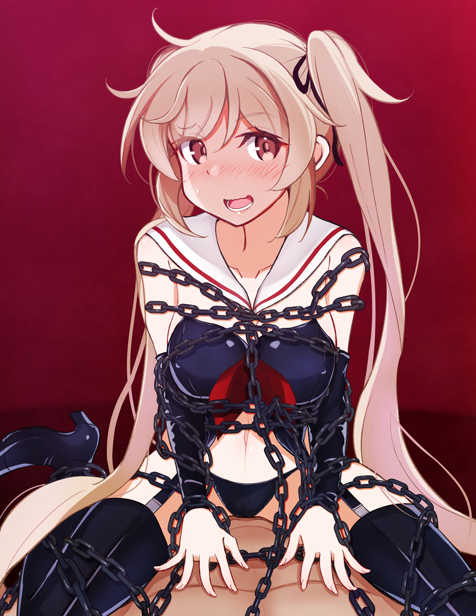 adapted_costume, bikini, black_bikini, black_thighhighs, boots, breasts, brown_eyes, chain